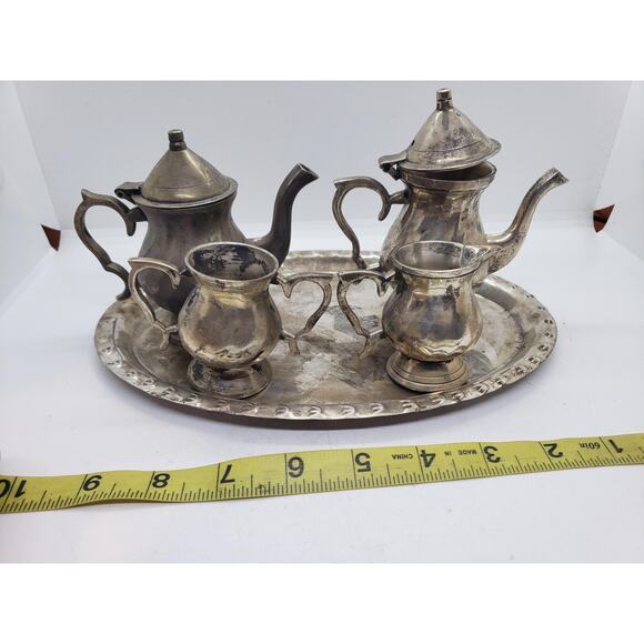 Vintage Silver Plated Miniature Tea Set Coffee Tea Pot Tray Creamer Sugar - Picture 12 of 16